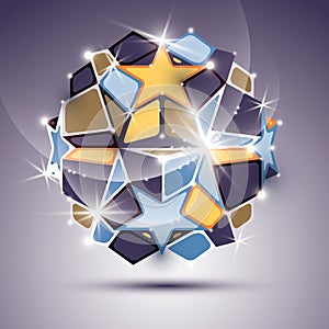 3D twinkle mirror ball with gold stars. Vector festive geometric