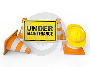 3d under maintenance sign board and construction cones