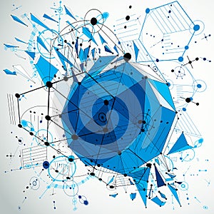 3d vector abstract blue background created in Bauhaus retro style. Dimensional geometric composition with low poly shattered