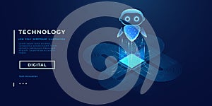 3D vector AI robot consists of wireframe polygons and connected dots