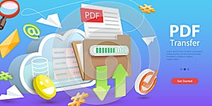 3D Vector Conceptual Illustration of PDF File Downloading or Uploading