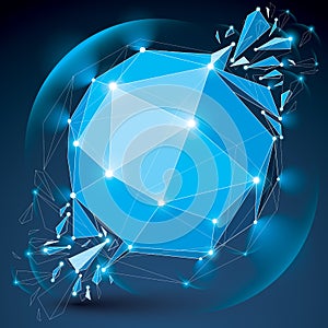 3d vector digital wireframe object broken into different particles, geometric polygonal structure with lines mesh and light