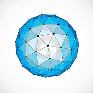 3d vector digital wireframe spherical object made using triangular facets. Geometric polygonal structure created with lines mesh.