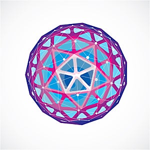 3d vector digital wireframe spherical object made using triangular facets. Geometric polygonal structure created with lines mesh.