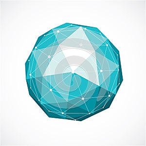 3d vector digital wireframe spherical object made using triangular facets. Geometric polygonal structure created with lines mesh.