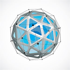 3d vector digital wireframe spherical object made using triangular facets. Geometric polygonal structure created with lines mesh.