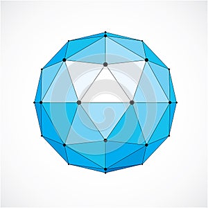 3d vector digital wireframe spherical object made using triangular facets. Geometric polygonal structure created with lines mesh.