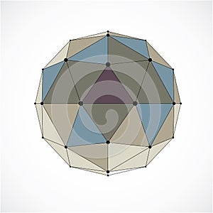 3d vector digital wireframe spherical object made using triangular facets. Geometric polygonal structure created with lines mesh.