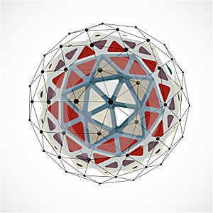 3d vector digital wireframe spherical object made using triangular facets. Geometric polygonal structure created with lines mesh.