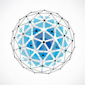 3d vector digital wireframe spherical object made using triangular facets. Geometric polygonal structure created with lines mesh.