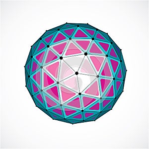 3d vector digital wireframe spherical object made using triangular facets. Geometric polygonal structure created with lines mesh.