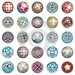 3d vector digital wireframe spherical objects made using different geometric facets. Polygonal orbs created with lines mesh. Low
