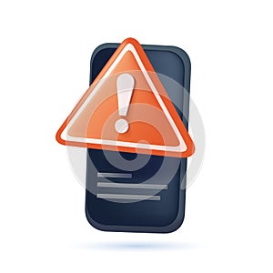 3D vector error notification, bug message on mobile phone with stop icon. no entry, problem, fail warning on application