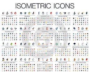 3d Vector. Illustration of isometric flat icons for business, bank, social media, justice, market, internet technology photo