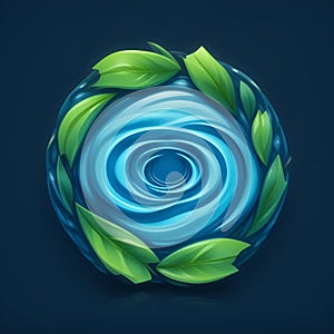 3D Vector Logo of Circular Water Ripple Surrounded by Green Leaves for Water Conservation photo