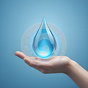 3D Vector Logo of Hand Holding Glowing Water Drop for Water Conservation photo