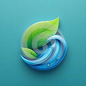3D Vector Logo Featuring Water Wave and Green Leaf for Water Conservation photo