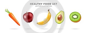 3D vegetables. Healthy food. Juicy fruit for health. Hovering kiwi. Carrot and apple produce as press protein nutrition photo