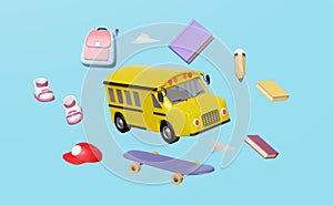 3d vehicle for transport student float isolated on blue background.  yellow school bus cartoon sign icon, accessories with