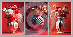 3d very colorful vase filled with a variety of flowers, organic sculpting on rose background