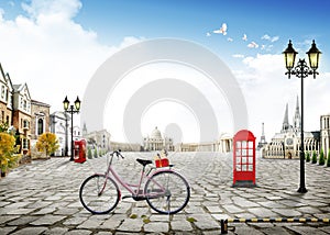 3d view blue sky peace Pigeon street Bicycle with lighting pole and attractions from Paris and Italy and old houses