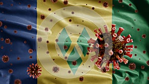 3D, Vincentian flag waving with Coronavirus. Saint Vincent and Grenadines photo