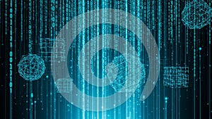 3D virus particles floating in digital cyber space with glowing blue binary code background