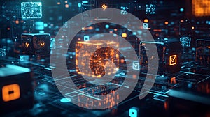 3D Visualization of a Blockchain Network with Interconnected Glowing Cubes, generative ai