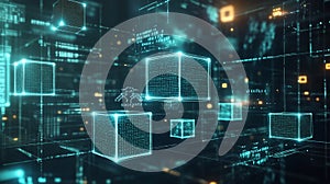 3D Visualization of a Blockchain Network with Interconnected Glowing Cubes, generative ai