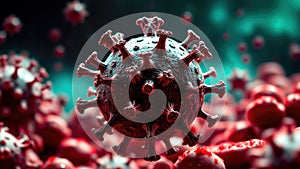 3d visualization of coronavirus structure with red blood cells in background