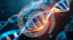 3D visualization of a glowing DNA double helix with bright blue and orange light effects