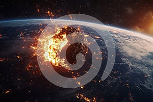 3d visualization of meteor impact on earth asteroid collision with planetary surface