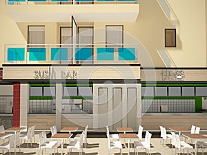 3D visualization of a sushi bar interior design
