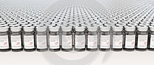 3D visualization thousands ampules of coronavirus vaccine.