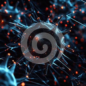 3D visualization of a virus structure showcasing capsid and molecular details with glowing RNA strands and spikes photo