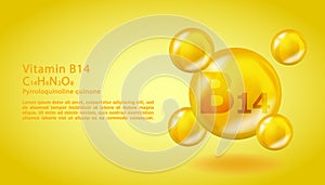 3D Vitamin molecule B14 Pyrroloquinoline quinone design. Realistic B14 Pyrroloquinoline quinone Vitamin drop. Yellow