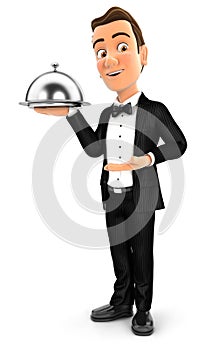 3d waiter standing with restaurant cloche photo