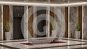 3D Waiting area at front elevators with luxury decoration lobby