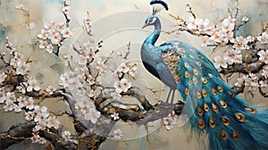 3d wall art decor of blue peacock with textured spring flowers