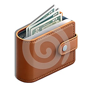 3D Wallet Icon Brown Leather with Visible Dollar Bills for Finance and Spending