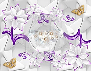 3d wallpaper abstract background with butterfly and purple pink flowers photo