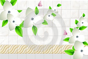 3d wallpaper abstract square marble waves background with butterfly and wall bricks and white flowers green branch