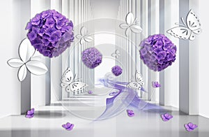 3D wallpaper, architecture tunnel with purple hydrangea flowers and butterflies.
