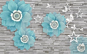 3d wallpaper blue diamond flowers and white stars on gray stone background