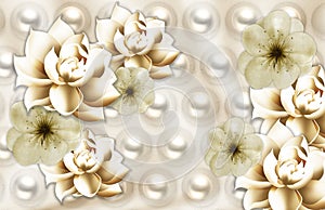 3d wallpaper. Classic mural decorative background. golden flowers and silver pearls for home decor