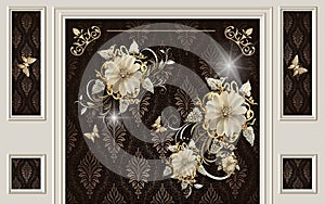 3d wallpaper golden jewelry flowers on brouwn frame background photo