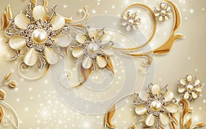 3D Wallpaper mural Design with Floral and Geometric Objects gold ball and pearls, gold jewelry wallpaper purple flowers