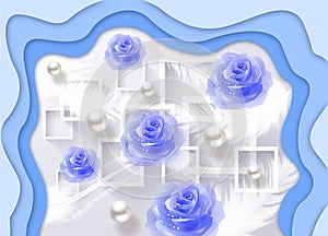 3d wallpaper . mural for wall rose flowers ,Square, circles and feathers and pearl . photo