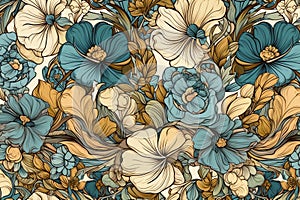 2D wallpaper pattern exotic floral pattern handpainted style seamless tile gilded age pastel melrose pansies roses offwhite beige photo
