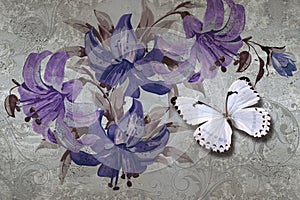 3d wallpaper texture, lilies and butterflies on concrete wall background. Murals effect. photo